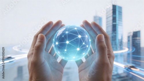 Hands holding glowing network sphere