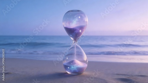 Hourglass with galaxy sand on beach