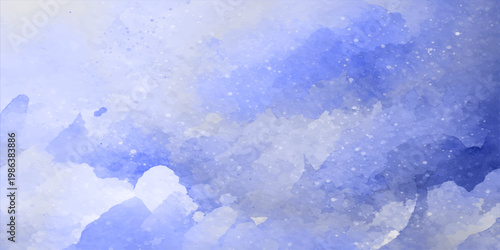 Abstract blue watercolor background with white snow texture and frozen ice patterns reminiscent of a cold winter sky or a light cloudscape in nature