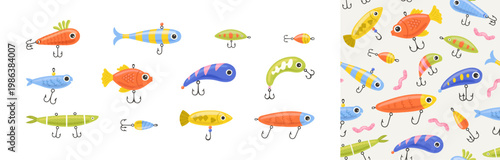 Colorful fish lure seamless pattern set. Summer background design. Vacation travel concept. Fishing activity bait cartoon backdrop illustration.