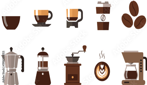 Minimalist black monoline coffee and brewing icon set on white background