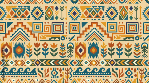 Colorful geometric tribal textile pattern with floral and aztec motifs.