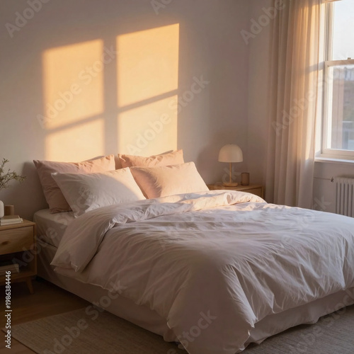 Sunlight shines through the window into a bedroom. A bed with white bedding is made with pillows neatly placed. The room has a warm and inviting feel Generative AI
