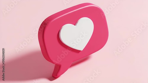 A small pink speech bubble with a white heart resting on a soft pastel pink surface
