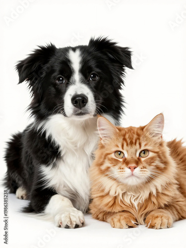 A dog and cat sit close together on a white background. The dog looks at the camera while the cat rests beside it. They appear relaxed and friendly in this bright setting Generative AI
