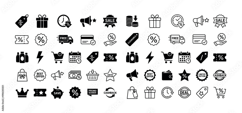 Fototapeta premium Comprehensive collection of black and white shopping icons illustrating various e-commerce concepts like sales, discounts, and special offers