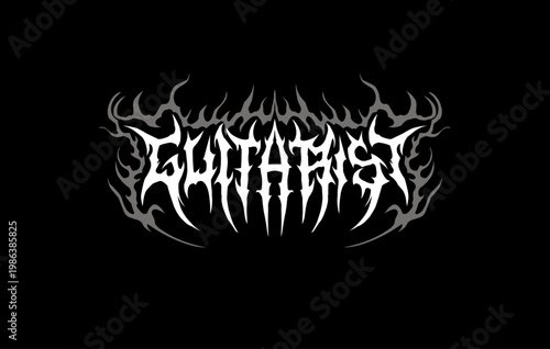 Guitarist, typography vector in a striking and stiff touch dark metal font tribal style lettering. for t-shirt print apparel, sticker, poster, and edgy logo