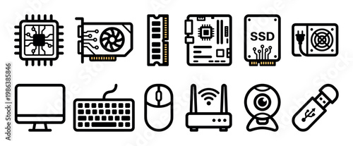 Diverse collection of essential computer hardware icons, featuring internal components and external peripherals, depicted in a clean, modern line art style with subtle orange details