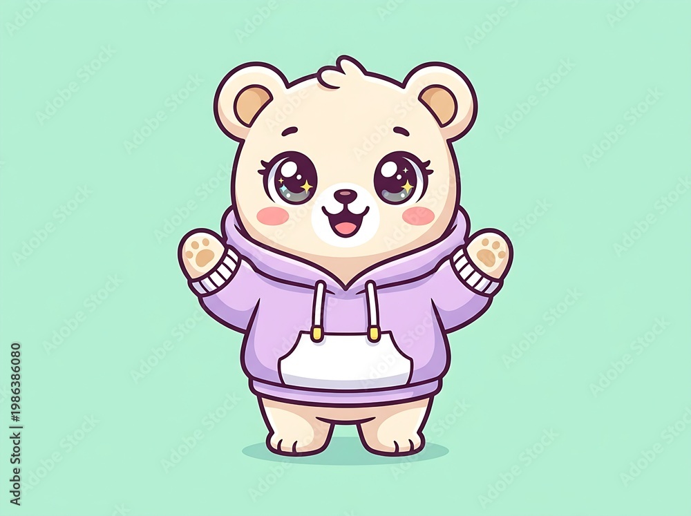 Fototapeta premium Cute and cuddly cartoon polar bear character wearing a lavender hoodie, with large expressive eyes and a friendly smile, waving its paws