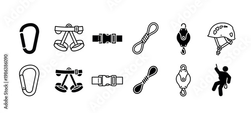 Collection of black and white climbing gear icons, including carabiners, harnesses, ropes, pulleys, a helmet, and a climber silhouette, presented in both outline and solid styles