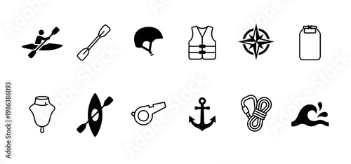 Collection of black and white water sports icons featuring kayaking, safety gear, and nautical elements in a clean, graphic style