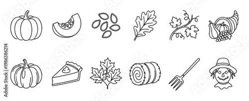 Diverse collection of black outline autumn harvest icons features various seasonal elements like pumpkins, leaves, and a cornucopia, presented in a simple, illustrative style