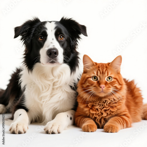 A dog and a cat rest side by side on a white background. The dog looks towards the viewer with curiosity while the cat lies down comfortably with a gentle gaze Generative AI