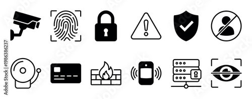 Comprehensive set of twelve black and white security and privacy icons, featuring symbols for surveillance, biometrics, data protection, warnings, and access control, modern, flat design