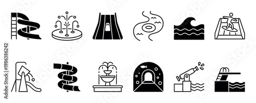 Collection of black and white water park icons illustrating various aquatic activities and attractions, presented in a clean, modern glyph style