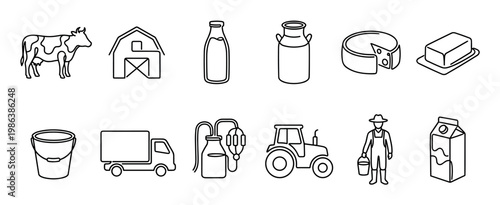 Collection of black outline dairy farming and milk product icons are neatly arranged, depicting various elements of the dairy industry with a clean, minimalist line art style