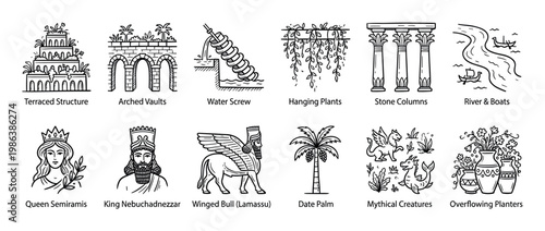 Collection of black and white line art icons illustrates ancient Mesopotamian history, featuring terraced structures, arched vaults, water screws, crowned figures, and mythical beasts