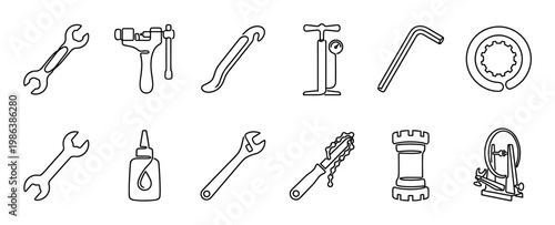 Twelve distinct bicycle repair tool icons are neatly arranged, featuring essential equipment for cycling upkeep in a clean line art style