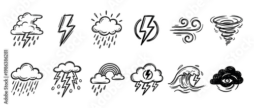 Collection of hand-drawn weather and disaster icons, featuring various elements like clouds, rain, lightning, wind, tornadoes, rainbows, and waves in a dynamic sketch style