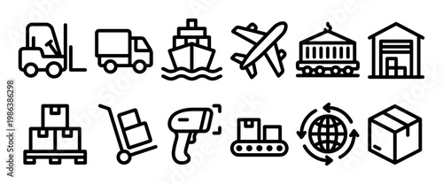 Comprehensive collection of black outline logistics and shipping icons illustrates various modes of transport, warehousing, and delivery processes with a clean, modern line art style