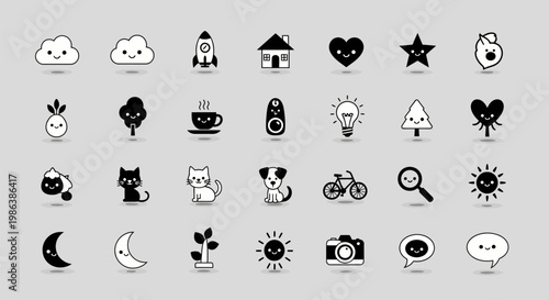 Black and white icons of various objects are displayed on a gray background.