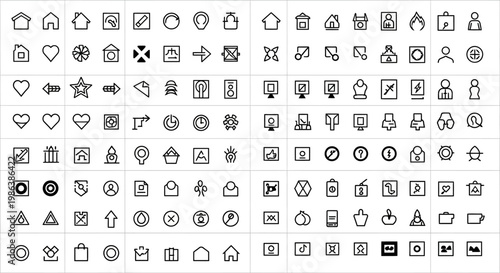 The illustration displays various icons and symbols arranged in rows on a plain surface for design purposes.