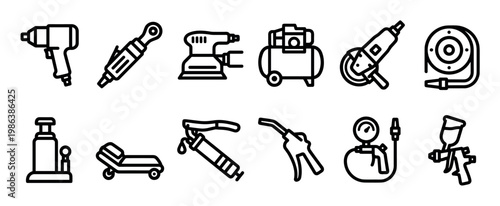 Comprehensive collection of automotive and workshop tools is depicted as simple black outline icons, showcasing essential equipment for repair, maintenance, and construction
