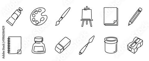 Collection of minimalist art and drawing supplies icons are neatly arranged, showcasing essential tools for creative expression in a clean line art style