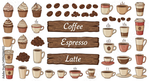 Hand-drawn coffee, espresso, and latte items with cupcakes and coffee beans set.