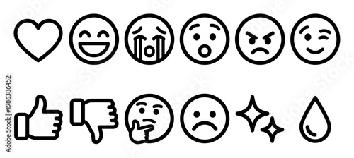 Diverse collection of black outline emoji icons and reaction symbols, clearly depicting a wide range of human emotions and social media feedback in a clean, minimalist vector style