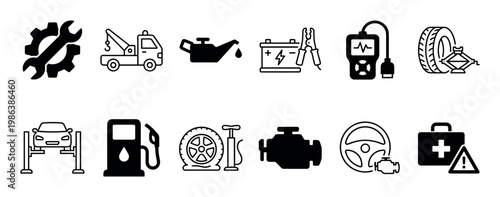 This collection of black and white automotive service icons illustrates various car repair and maintenance tasks, presented in a clean, modern, and easily recognizable graphic style