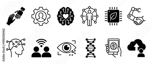 Comprehensive collection of black and white technology and artificial intelligence icons, illustrating concepts such as human-robot interaction, data processing, biotechnology, and digital innovation