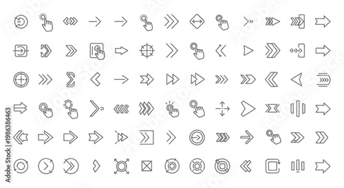 Collection of line icons for user interface design featuring arrows and gesture symbols.