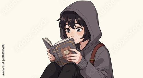 A young person in a hoodie deeply engaged in reading a book with a cute cover.