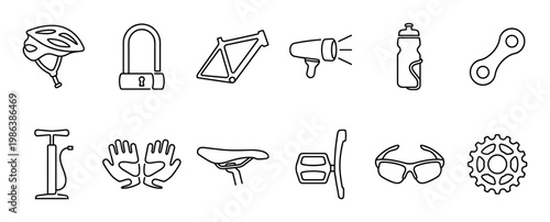 Comprehensive collection of cycling accessories and bicycle parts presented as simple outline icons, showcasing essential gear for riders in a clean, minimalist style