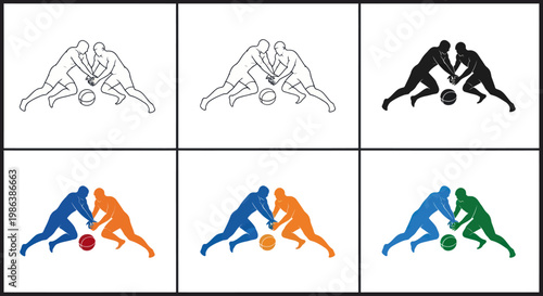 Set of basketball player silhouettes and line art icons competing for the ball