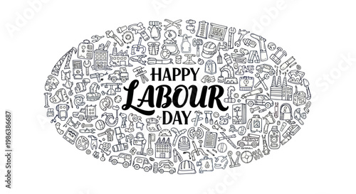 Happy Labour Day card with hand drawn industrial tools and construction equipment doodles