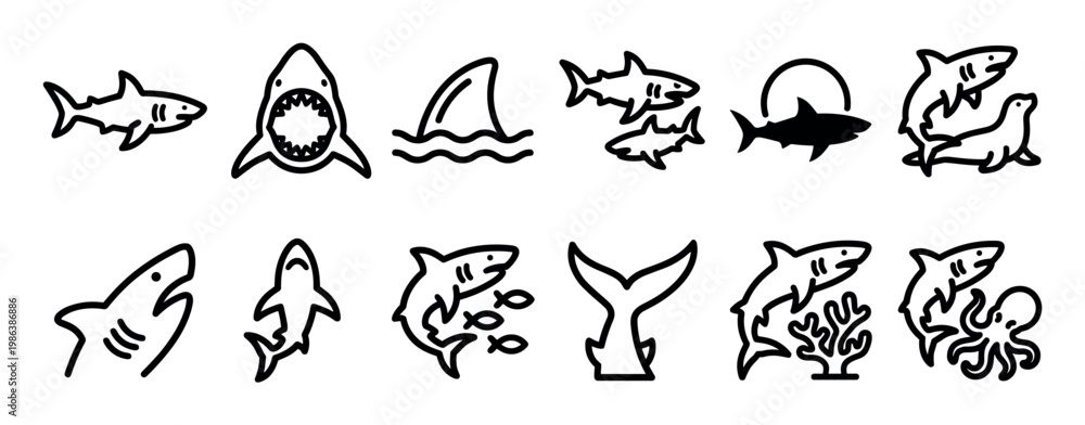 Fototapeta premium Collection of diverse black outline shark icons and marine life illustrations are presented in a simple, cartoonish style, depicting various poses and interactions