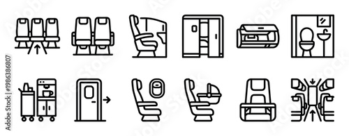 This collection of black outline airplane interior icons illustrates various elements including passenger seats, overhead bins, lavatories, service carts, and doors, in a clean, line art style