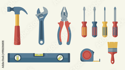 A comprehensive collection of essential hand tools including a hammer, wrench, pliers, screwdrivers, level, tape measure, and paintbrush on a light background.