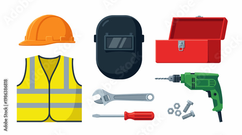 Collection of essential safety gear and tools for construction and industrial work, including a hard hat, safety vest, welding mask, toolbox, drill, wrench, screwdriver, nuts, and bolts.