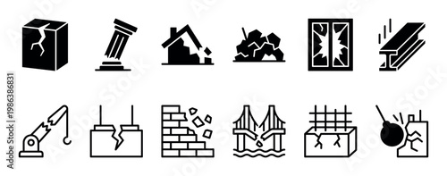 Various black and white icons depicting structural damage, building collapse, and destruction, showcasing elements like cracked walls, broken bridges, shattered windows, and falling debris