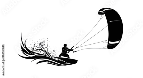 Kite surfer riding a wave in motion