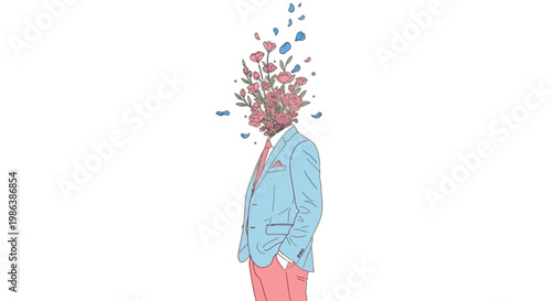 Surreal man with flower bouquet for a head