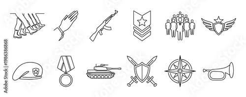 These twelve military army related line art icons depict various symbols of defense, including marching soldiers, a rifle, tank, medals, and emblems, rendered in a clean, minimalist style
