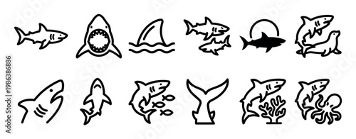 Collection of diverse black outline shark icons and marine life illustrations are presented in a simple, cartoonish style, depicting various poses and interactions