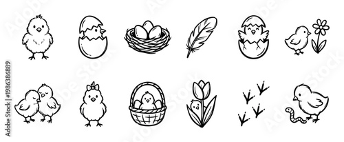 Cute hand-drawn black and white Easter icons featuring adorable chicks, eggs in a nest, a feather, a flower, a basket, and tiny footprints, rendered in a charming doodle style