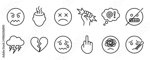 Ten negative emotion outline icons illustrate various feelings of anger, sadness, stress, and frustration in a minimalist graphic style