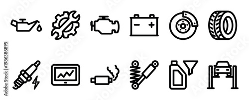 Collection of twelve black outline car service icons is neatly arranged, depicting essential auto repair components and maintenance tasks in a clean, modern vector style