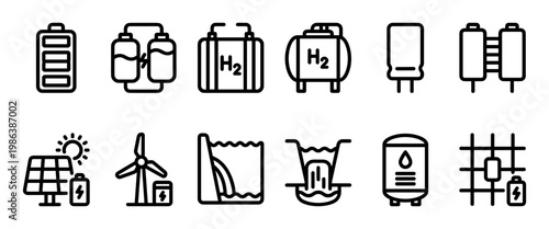Twelve distinct line icons depicting various energy concepts, including renewable sources, storage, and distribution, presented in a clean, modern, and easily recognizable style